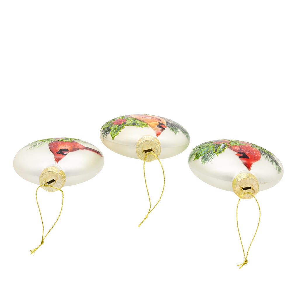 Kurt Adler 100MM Glass Cardinal With Holly Berry Flat Ball Ornaments, 3-Piece Box